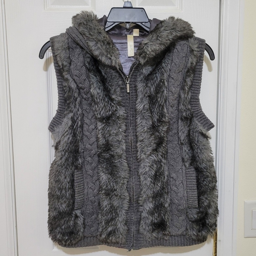 Green Tea Womens Faux Fur Cable Knit Hooded Vest Grey Full Zip Small